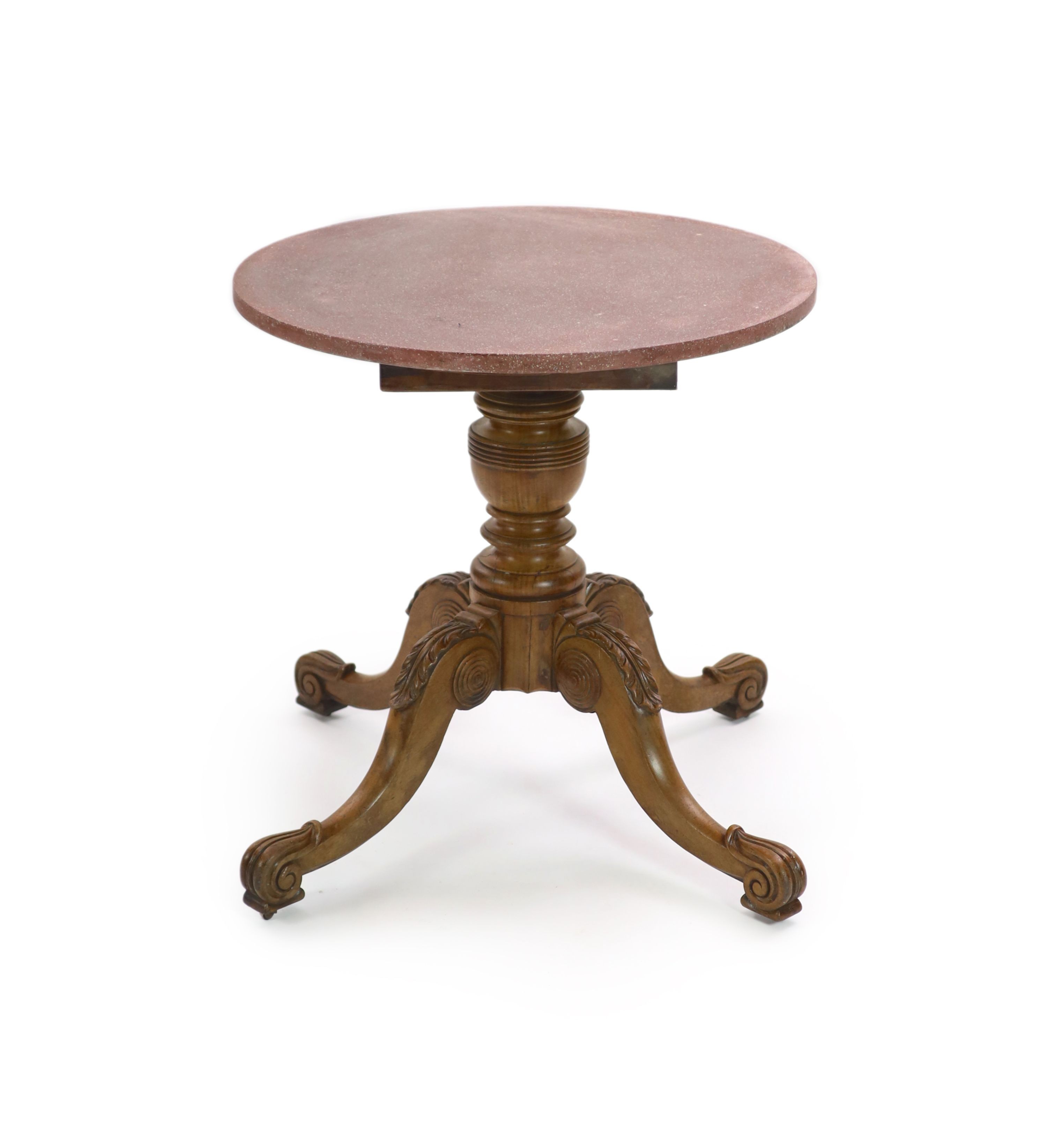 A Victorian walnut and faux porphyry marble circular centre table, diameter 74cm, height 74cm